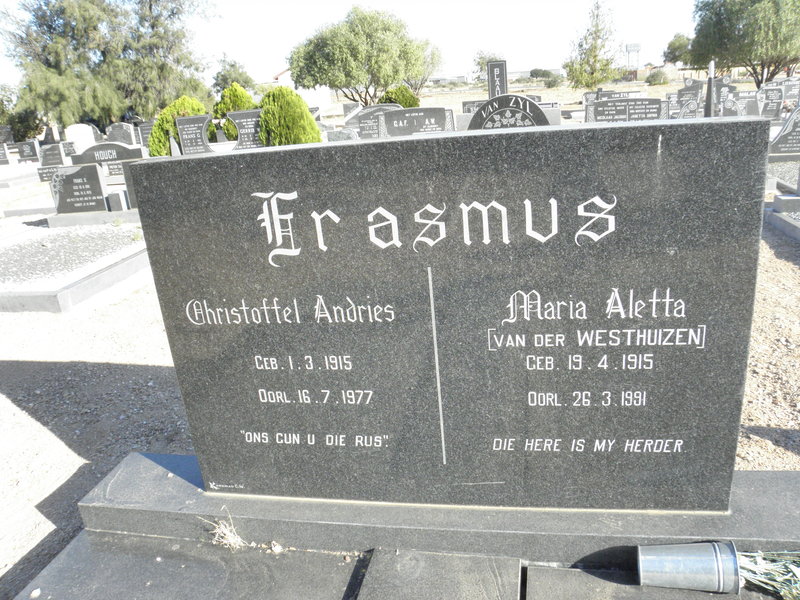 ERASMUS Christoffel Andries 1915-1977 &amp; Maria Aletta van der WESTHUIZEN 1915-1991