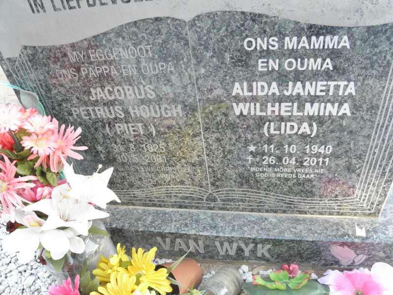WYK Jacobus Petrus Hough, van 1925-2001 &amp; Alida Janetta Wilhelmina 1940-2011