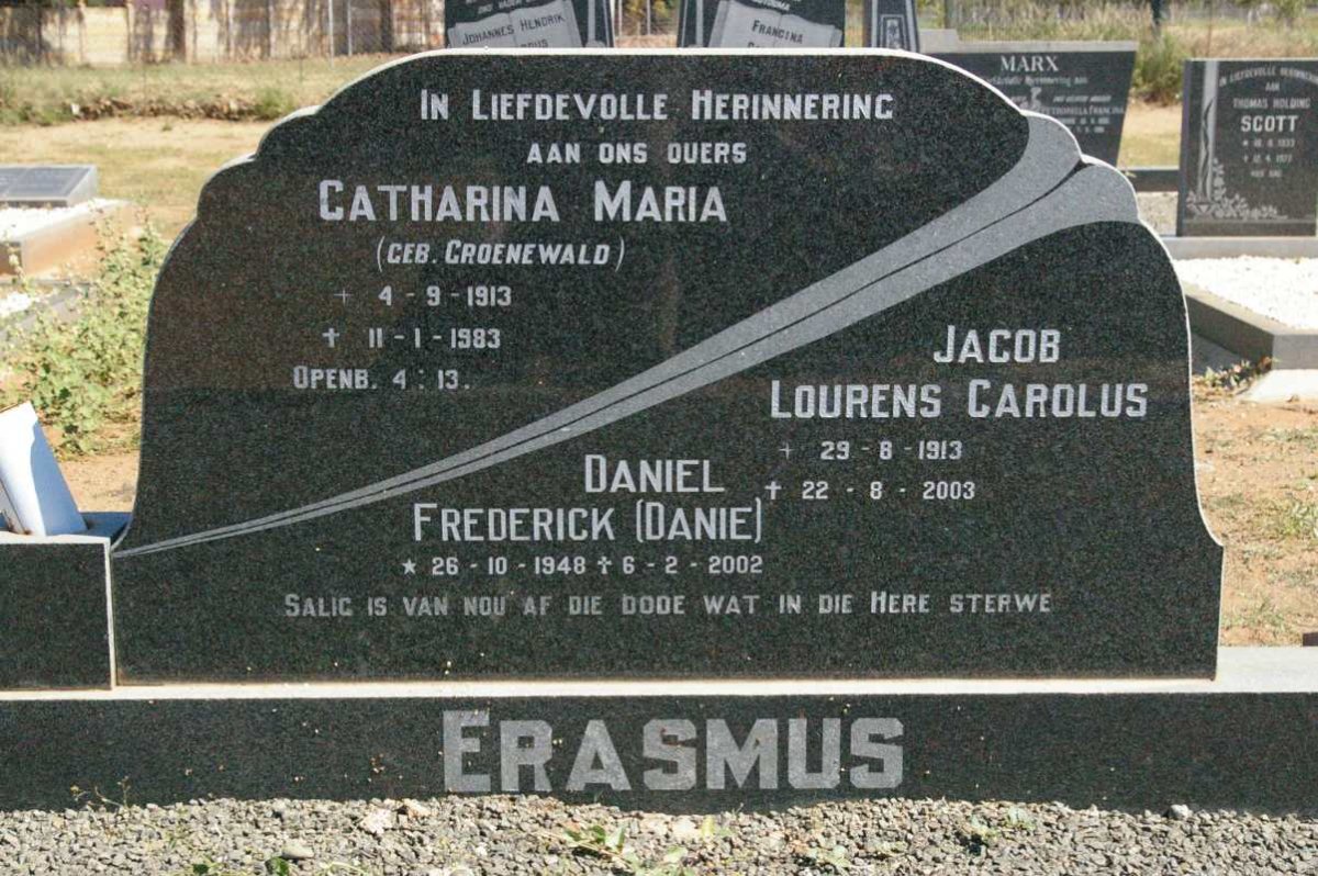 ERASMUS Jacob Lourens Carolus 1913-2003 &amp; Catharina Maria GROENEWALD 1913-1983 :: ERASMUS Daniel Frederick 1948-2002