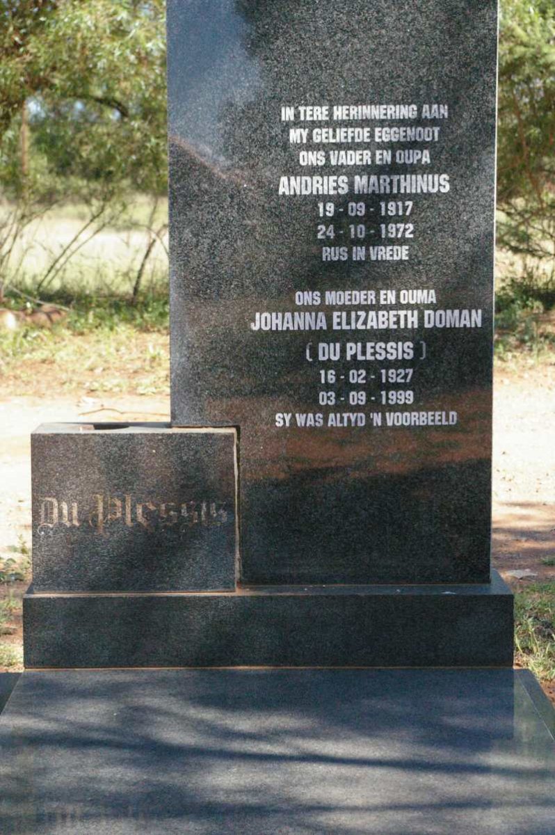 PLESSIS Andries Marthinus, du 1917-1972 &amp; Johanna Elizabeth DOMAN 1927-1999