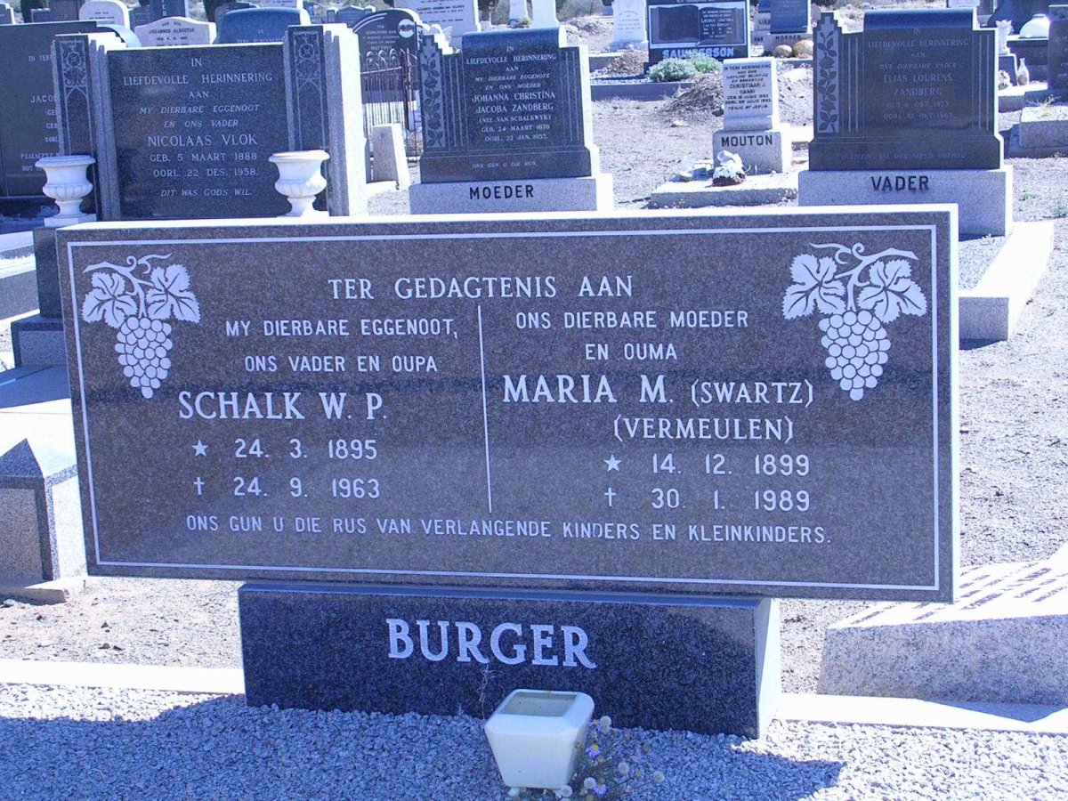 BURGER Schalk W.P. 1895-1963 &amp;  Maria M. formerly SWARTZ nee VERMEULEN 1899-1989