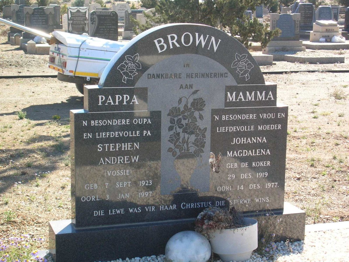 BROWN Stephen Andrew 1923-1997 &amp; Johanna Magdalena DE KOKER 1919-1977