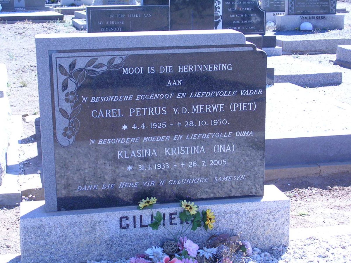 CILLIERS Carel Petrus v.d. Merwe 1925-1970 &amp; Klasina Kristina 1933-2005