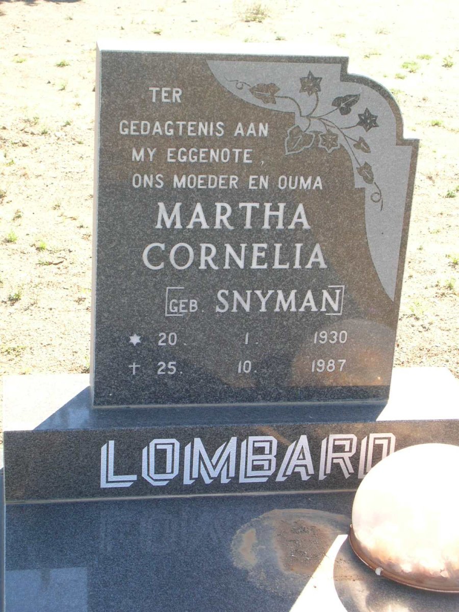 LOMBARD Martha Cornelia nee SNYMAN 1930-1987