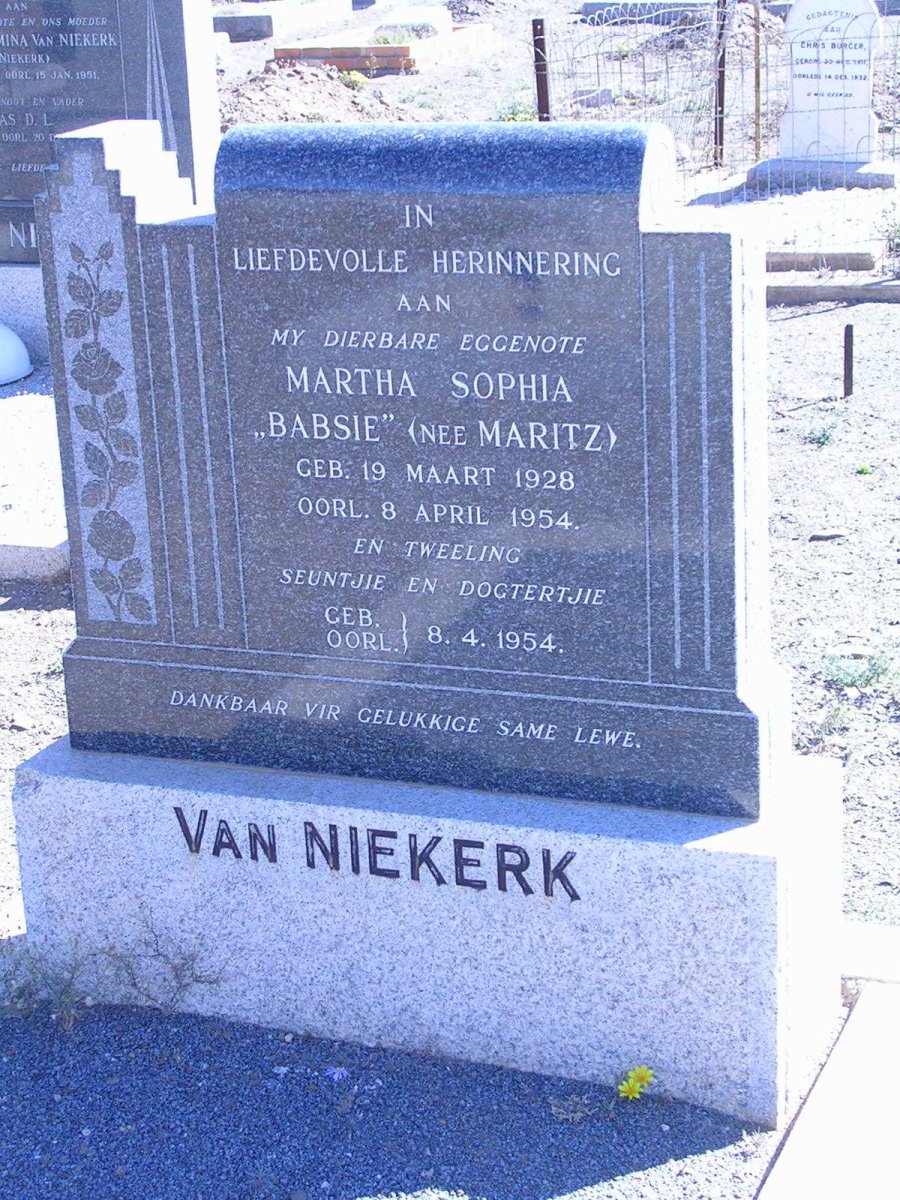 NIEKERK Martha Sophia nee MARITZ 1928-1954 :: VAN NIEKERK Twins 1954-1954