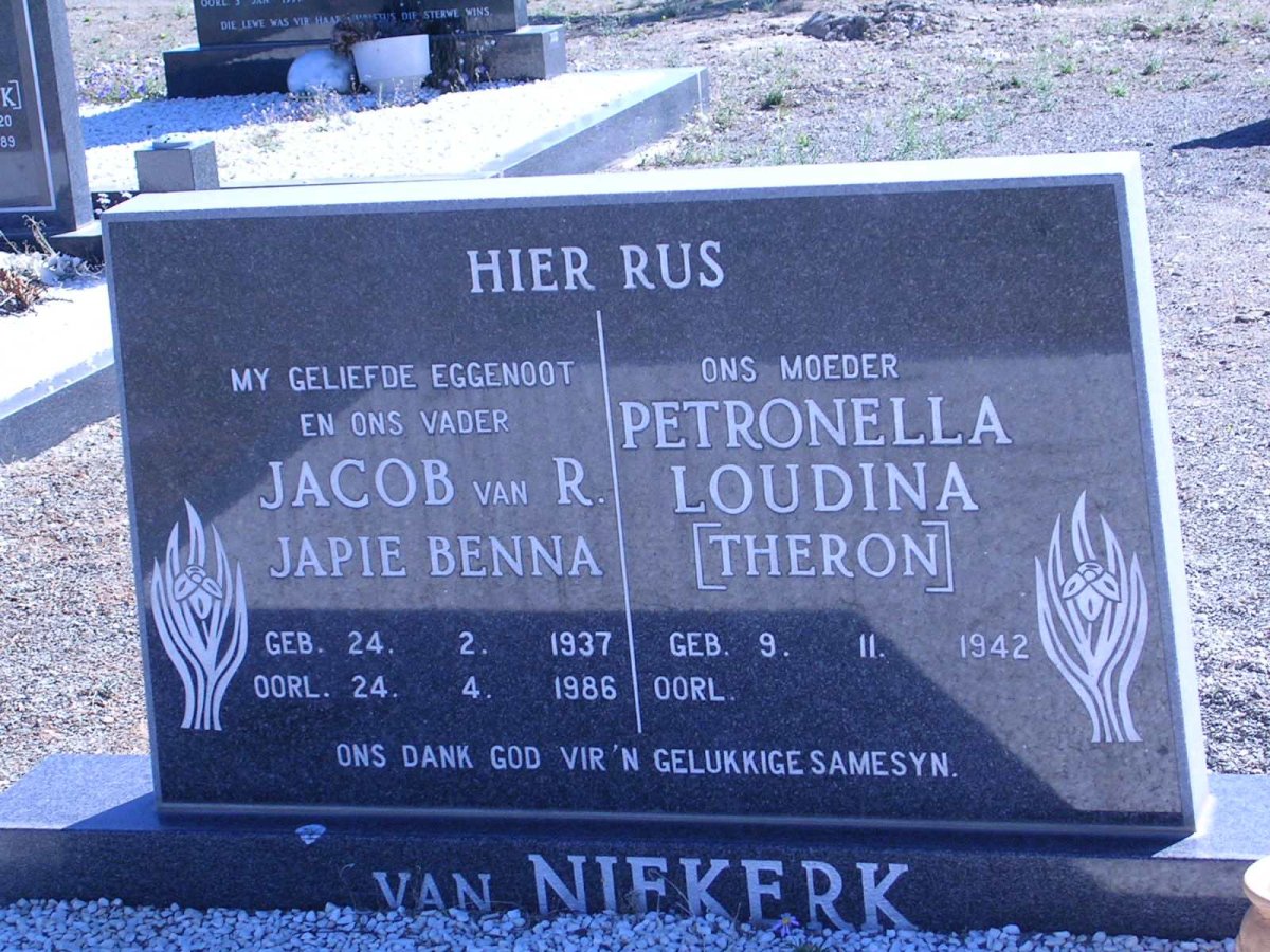 NIEKERK Jacob van R., van 1937-1986 &amp; Petronella Loudina THERON 1942-