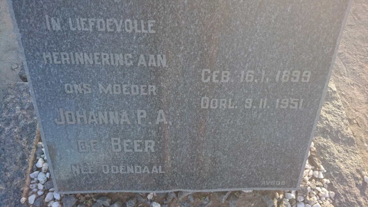 BEER Johanna P.A., de nee ODENDAAL 1899-1951