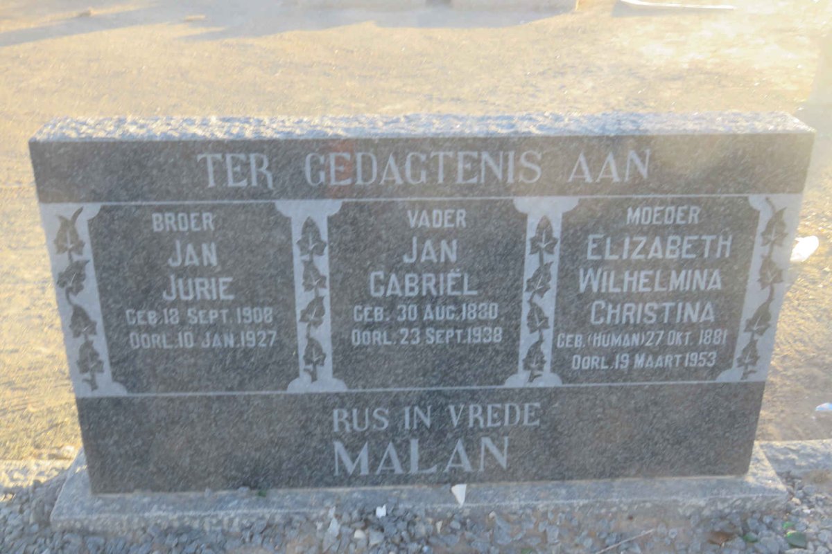 MALAN Jan Gabriel 1880-1938 &amp; Elizabeth Wilhelmina Christina HUMAN 1881-1953 :: MALAN Jan Jurie 1908-1927