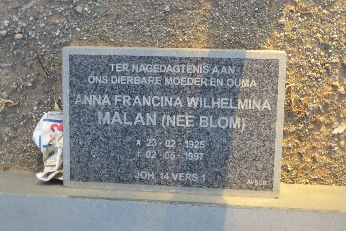 MALAN Anna Francina Wilhelmina nee BLOM 1925-1997