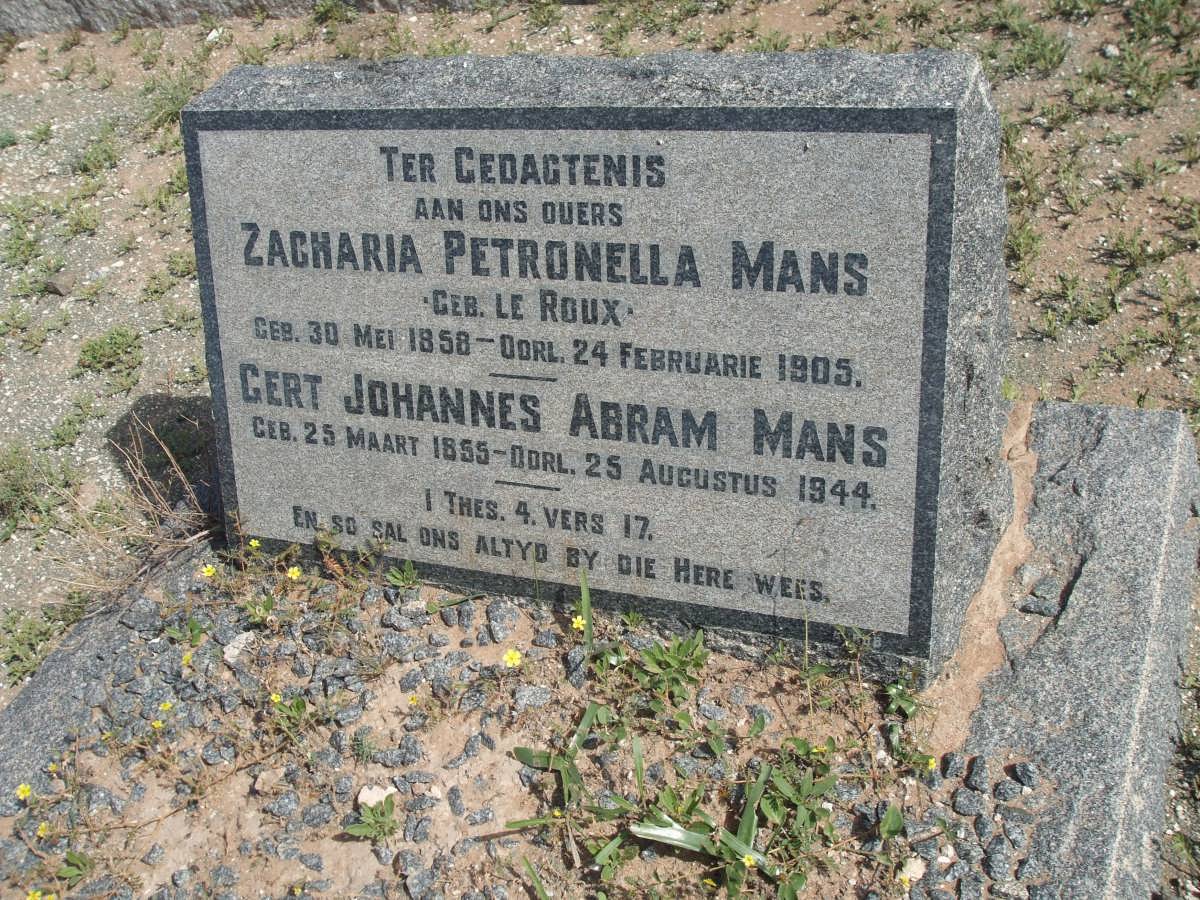 MANS Gert Johannes Abram 1855-1944 &amp; Zacharia Petronella LE ROUX 1858-1905