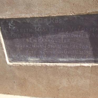 VELDSMAN Elizabeth Magaretha nee PRETORIUS 1907-1935 :: PRETORIUS Franziena Johanna 1899-1909