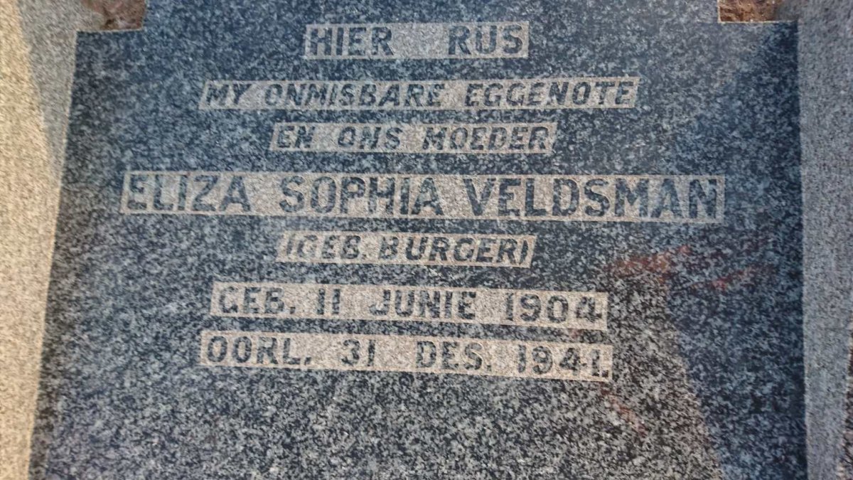 VELDSMAN Johannes 1899-1967 &amp; Eliza Sophia BURGER 1904-1941
