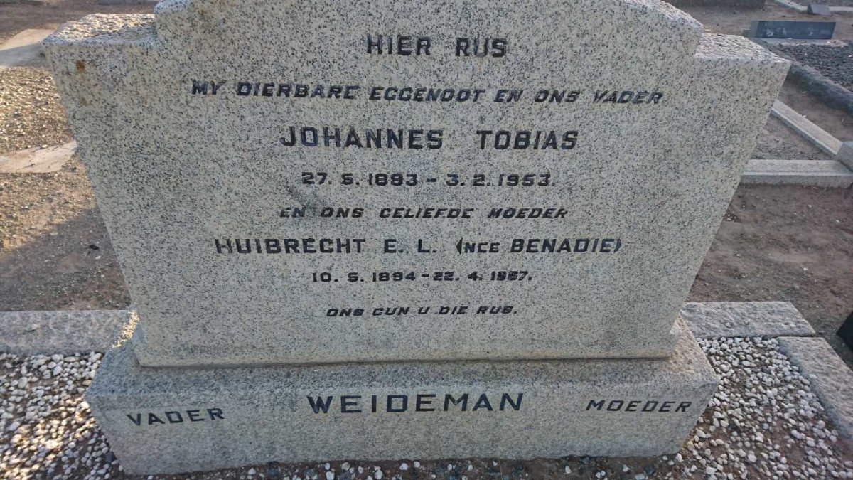 WEIDEMAN Johannes Tobias 1893-1953 &amp; Huibrecht E.L. BENADIE 1894-19?7
