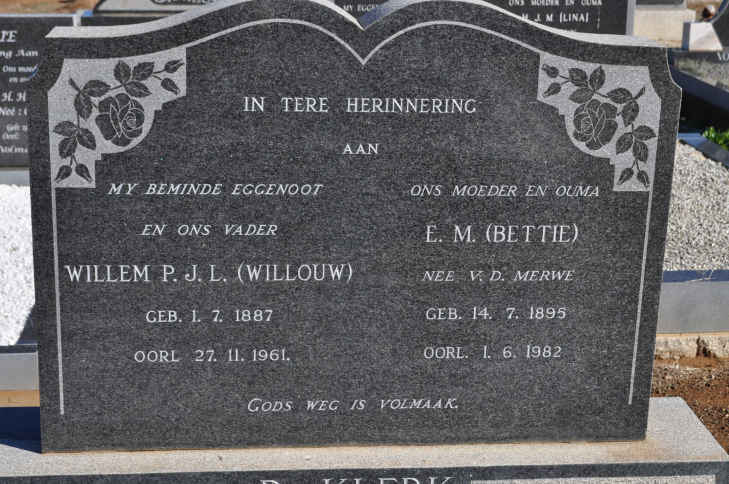 KLERK Willem P.J.L., de 1887-1961 &amp; E.M. V.D. MERWE 1895-1982