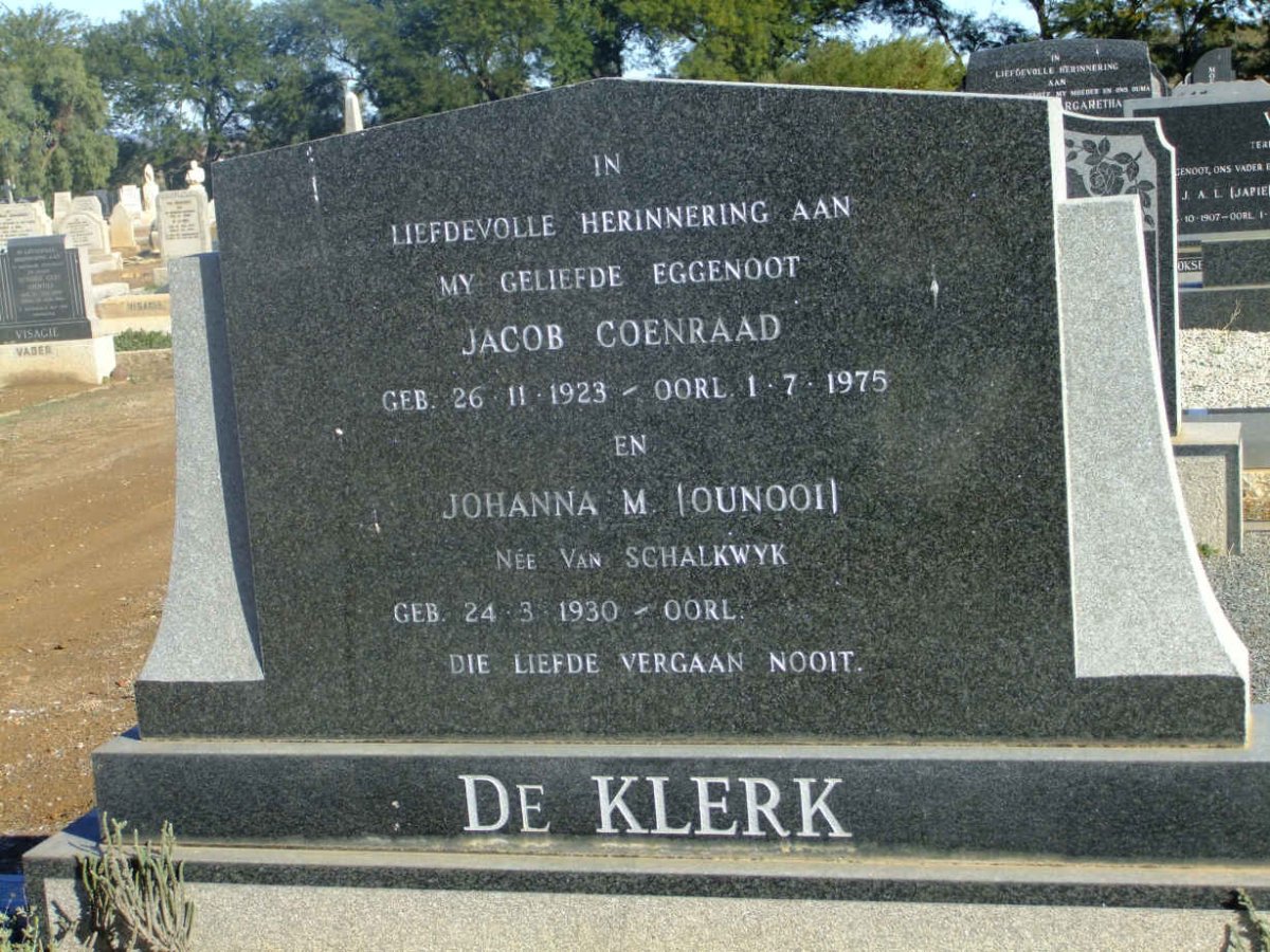 KLERK Jacob Coenraad, de 1923-1975 &amp; Johanna M. VAN SCHALKWYK 1930-