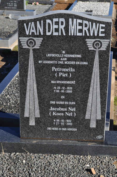MERWE Jacobus Nel, van der 1922-2002 &amp; Petronella SPANGENBERG 1926-2000