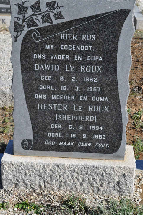 ROUX Dawid, le 1892-1967 &amp; Hester SHEPHERD 1894-1982