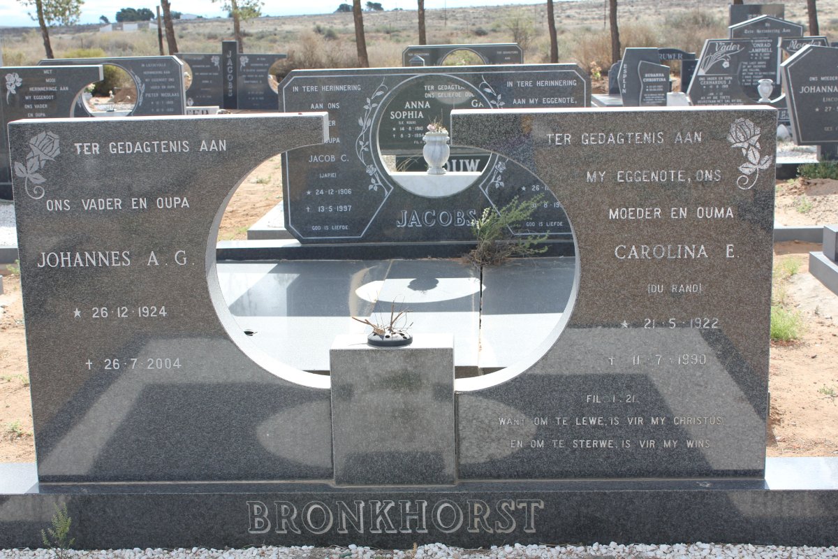 BRONKHORST Johannes A.G . 1924-2004 &amp; Carolina E. DU RAND 1922-1990