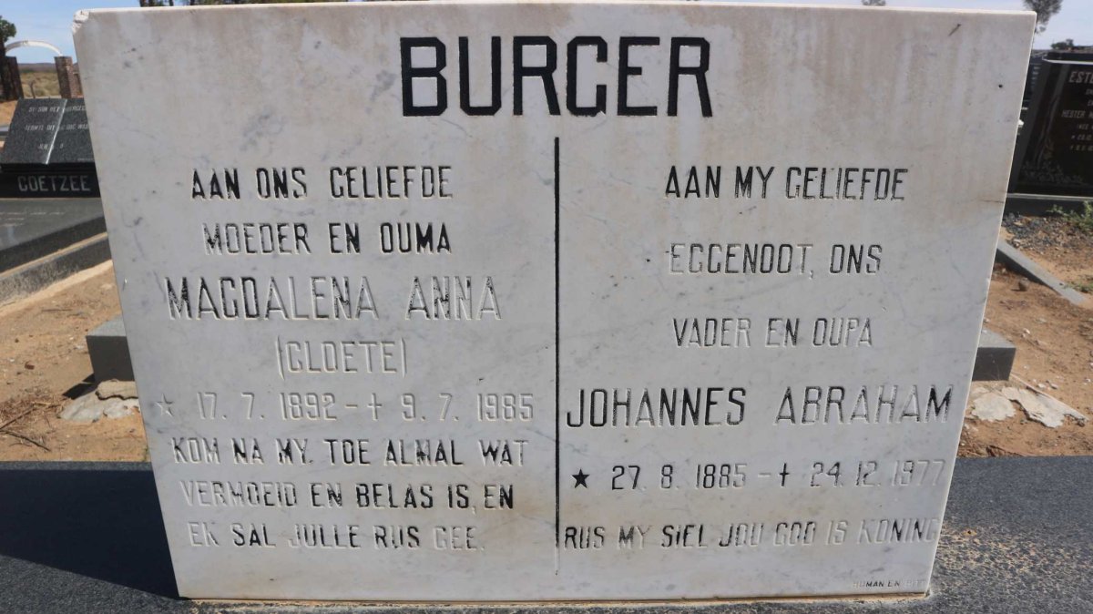 BURGER Johannes Abraham 1885-1977 &amp; Magdalena Anna CLOETE 1892-1985