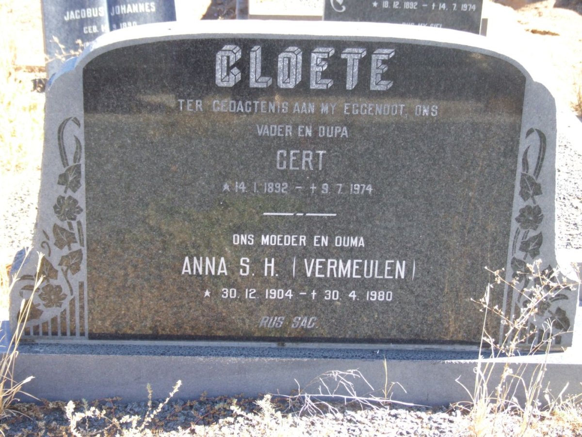 CLOETE Gert 1892-1974 &amp; Anna S.H. VERMEULEN 1904-1980