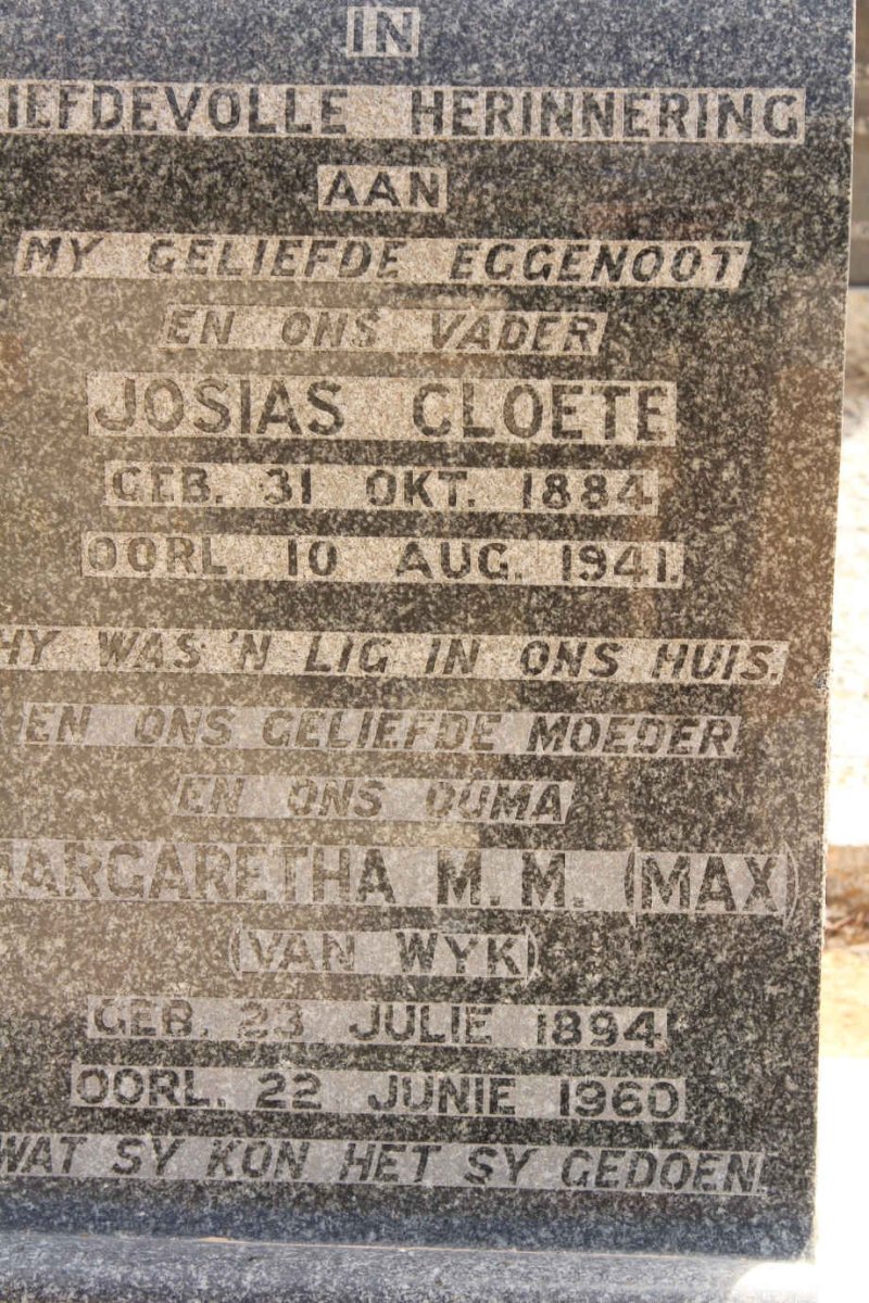 CLOETE Josias 1884-1941 &amp; Margaretha M.M. VAN WYK 1894-1960