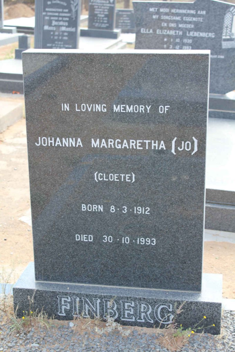 FINBERG Johanna Margaretha nee CLOETE 1912-1993