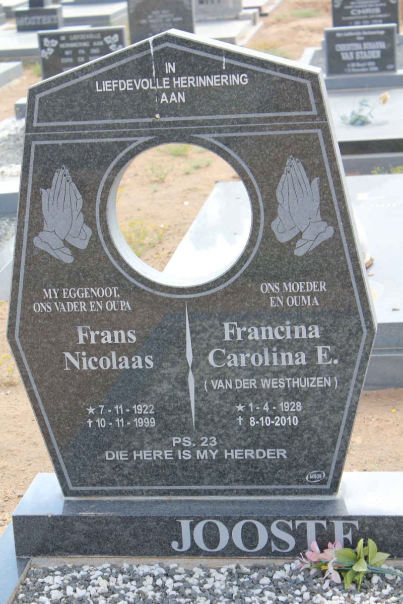 JOOSTE Frans Nicolaas 1922-1999 &amp; Francina Carolina E. VAN DER WESTHUIZEN 1928-2010