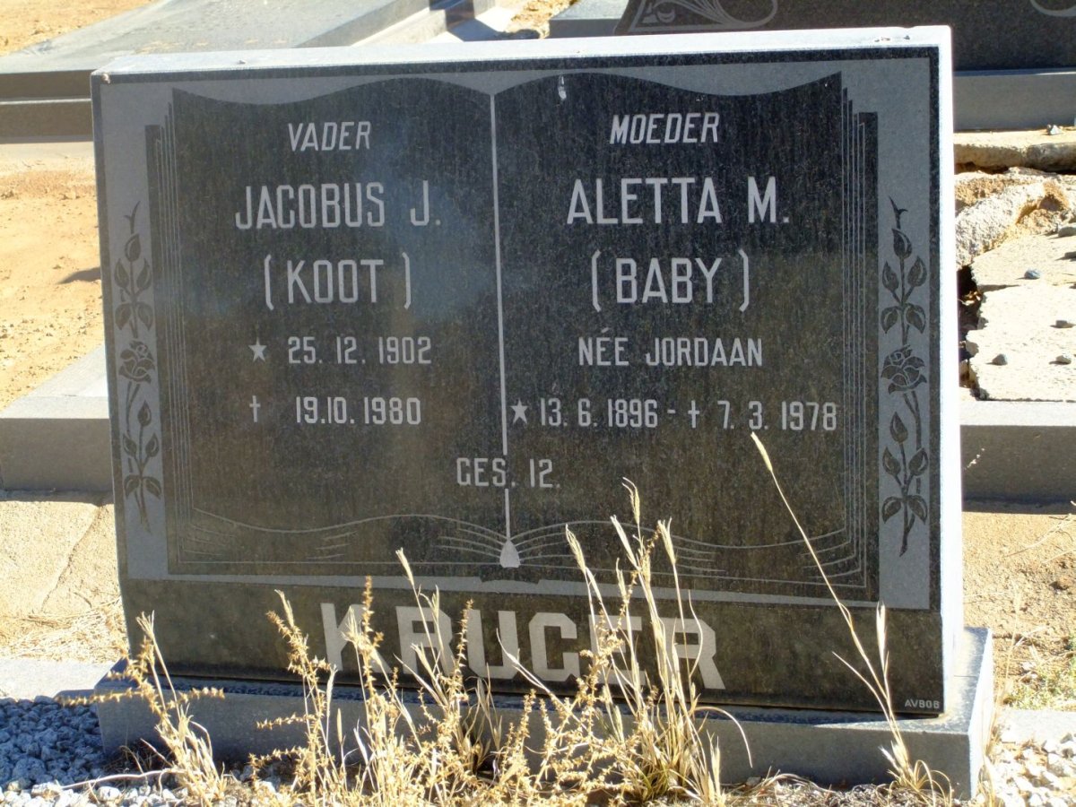 KRUGER Jacobus J. 1902-1980 &amp; Aletta M. JORDAAN 1896-1978