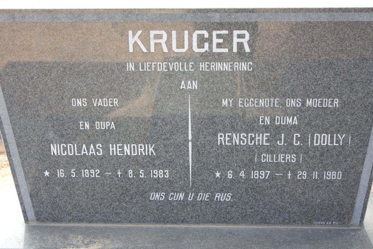 KRUGER Nicolaas Hendrik 1892-1983 &amp; Rensche J.C. CILLIERS 1897-1980