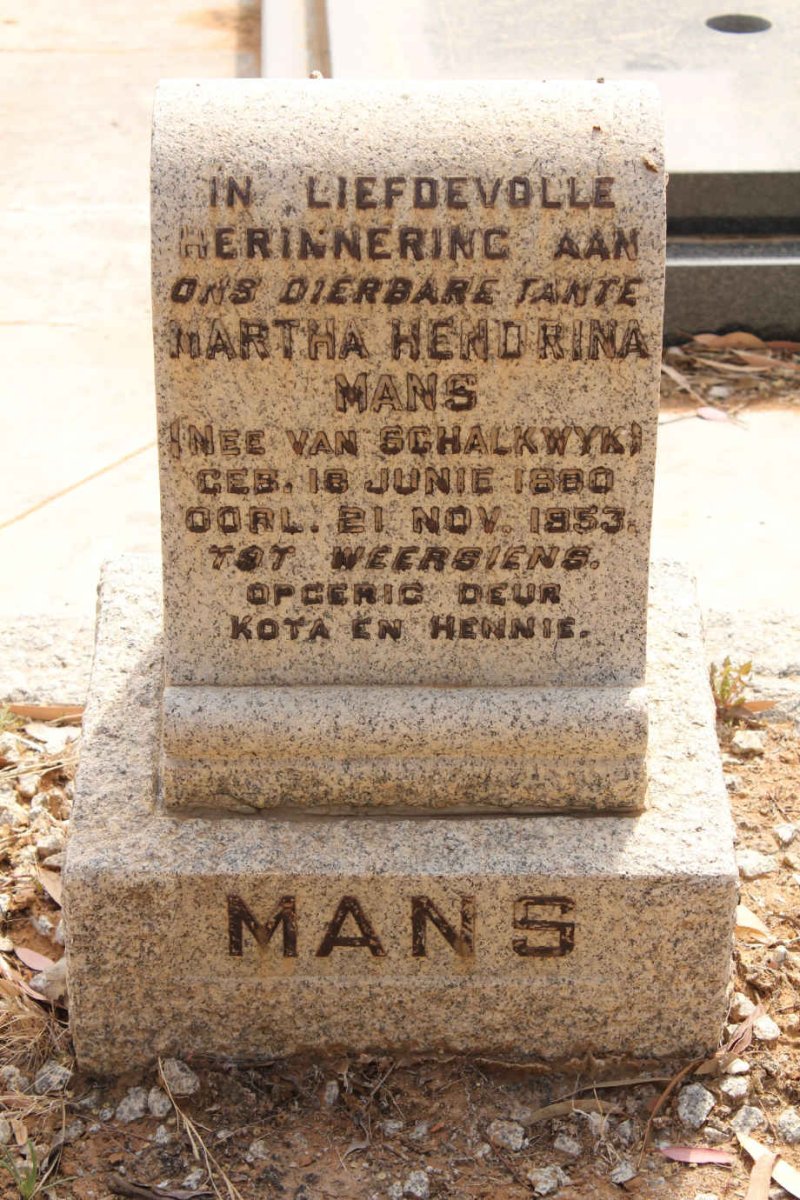 MANS Martha Hendrina nee VAN SCHALKWYK 1880-1953