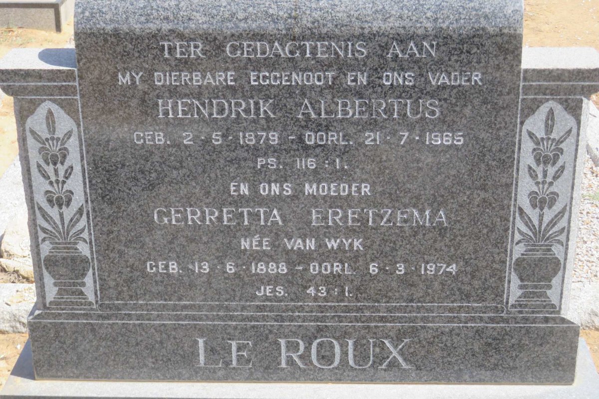 ROUX Hendrik Albertus, le 1879-1965 &amp; Gerretta Eretzema VAN WYK 1888-1974