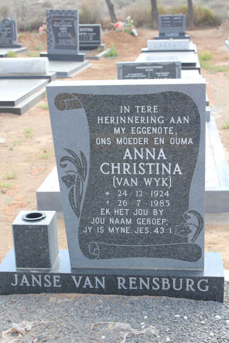 RENSBURG Anna Christina, Janse van nee VAN WYK 1924-1985
