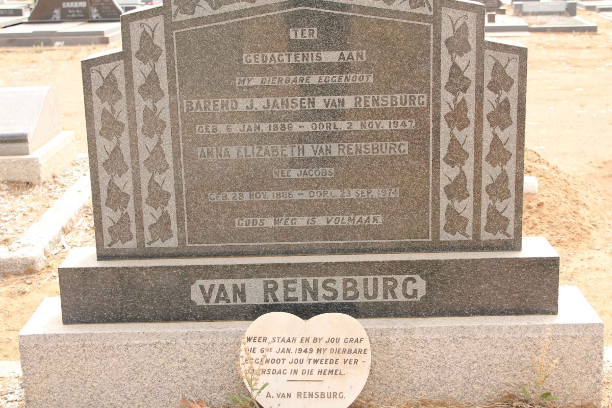 RENSBURG Barend J. Jansen, van 1886-1947 &amp; Anna Elizabeth JACOBS 1886-1974