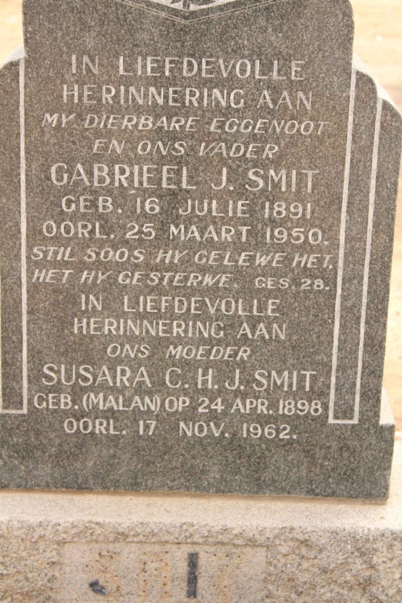 SMIT Gabrieel J. 1891-1950 &amp; Susara C.H.J. MALAN 1898-1962