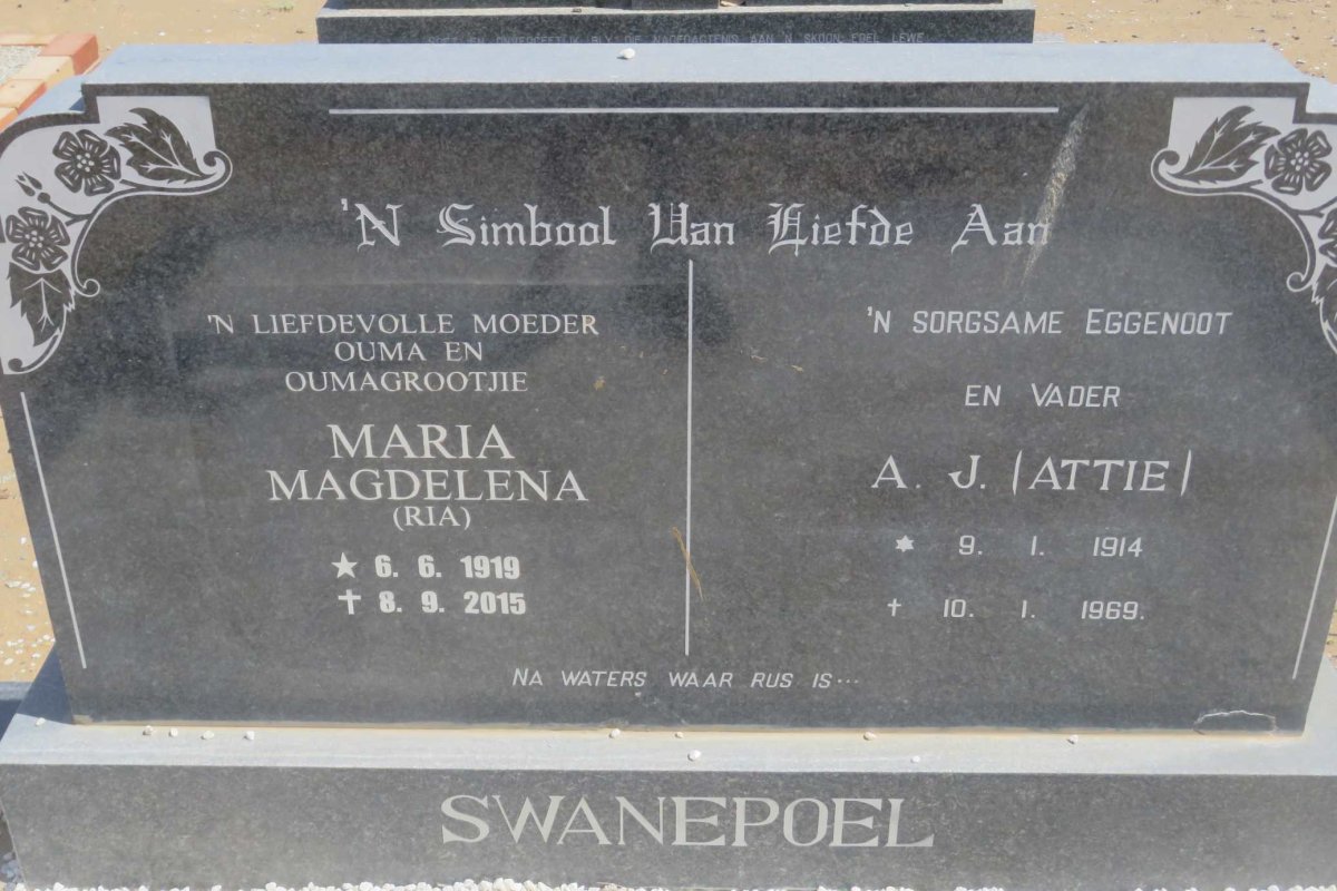SWANEPOEL A.J. 1914-1969 &amp; Maria Magdelena 1919-2015