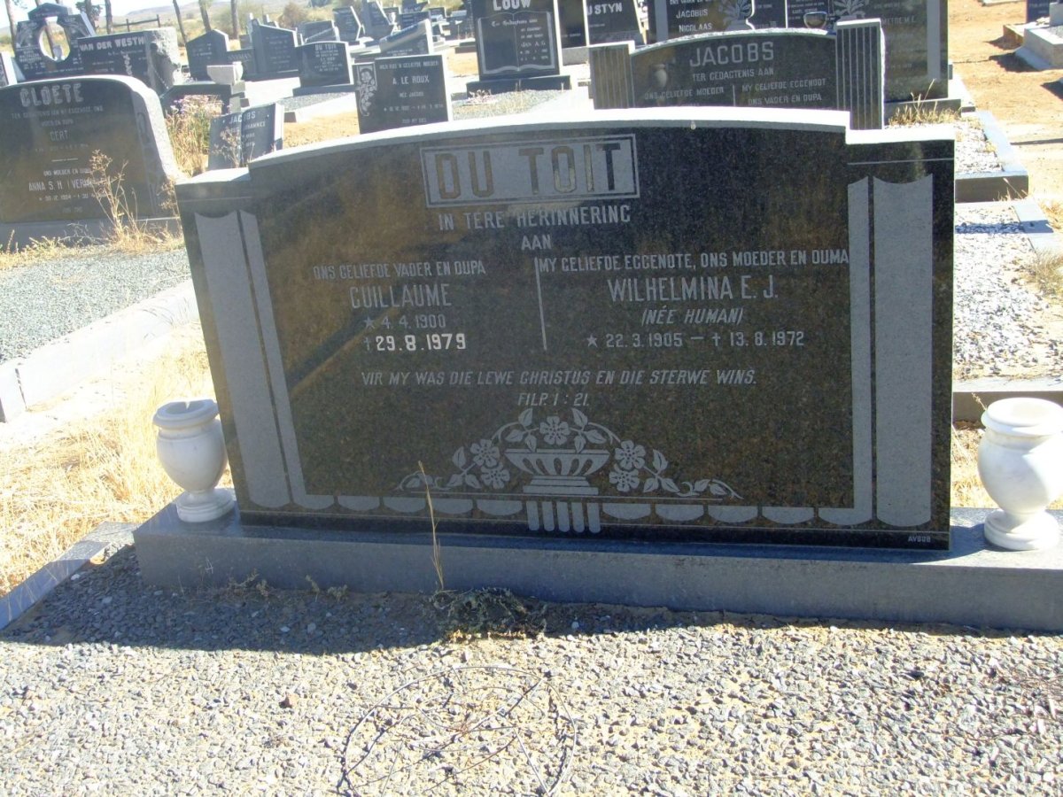 TOIT Guillaume, du 1900-1979 &amp; Wilhelmina E.J. HUMAN 1905-1972