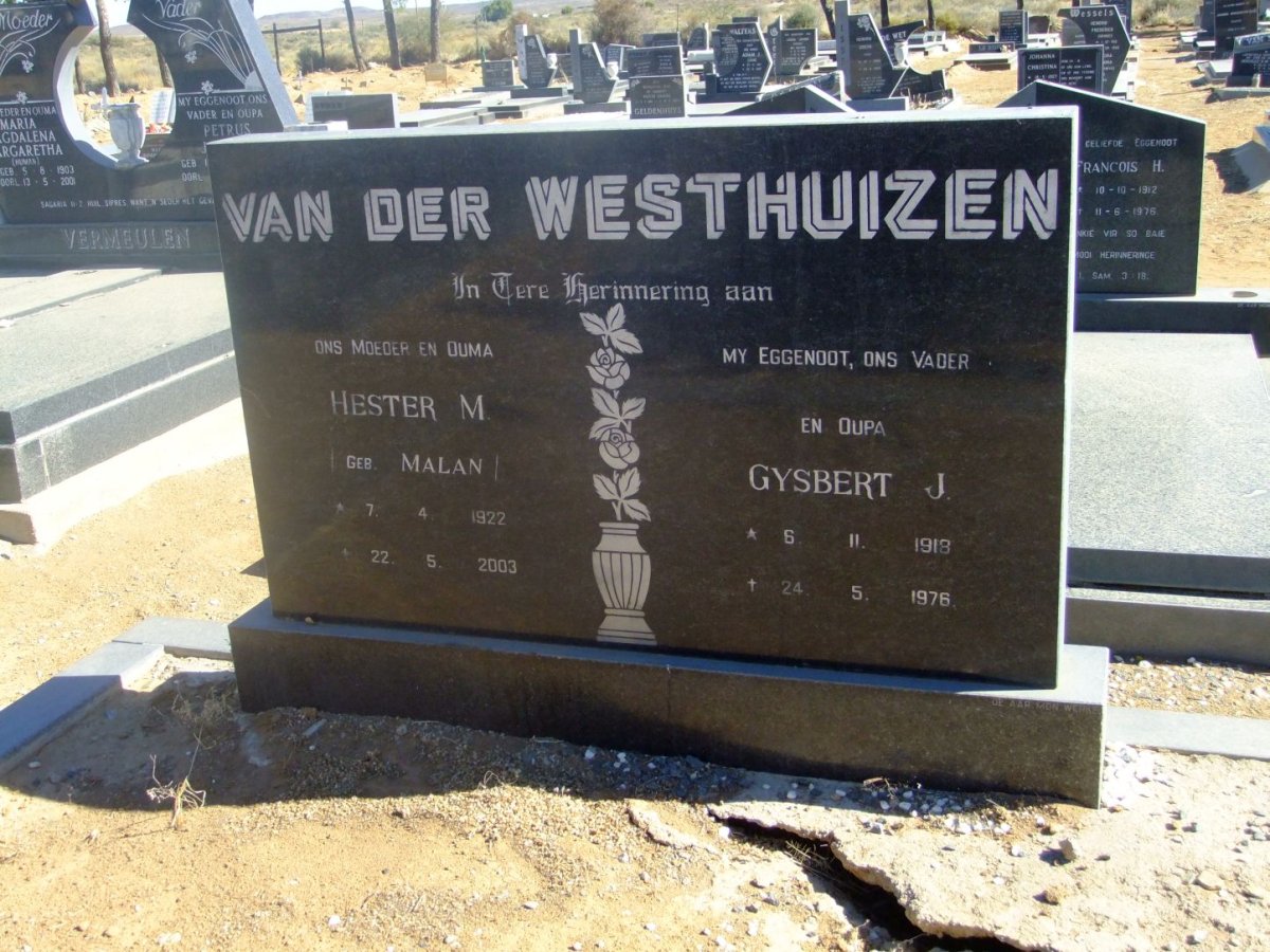 WESTHUIZEN Gysbert J., van der 1919-1976 &amp; Hester M. MALAN 1922-2003