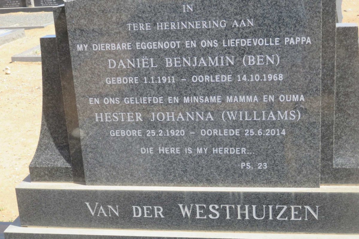 WESTHUIZEN Daniel Benjamin, van der 1911-1968 &amp; Hester Johanna WILLIAMS 1920-2014