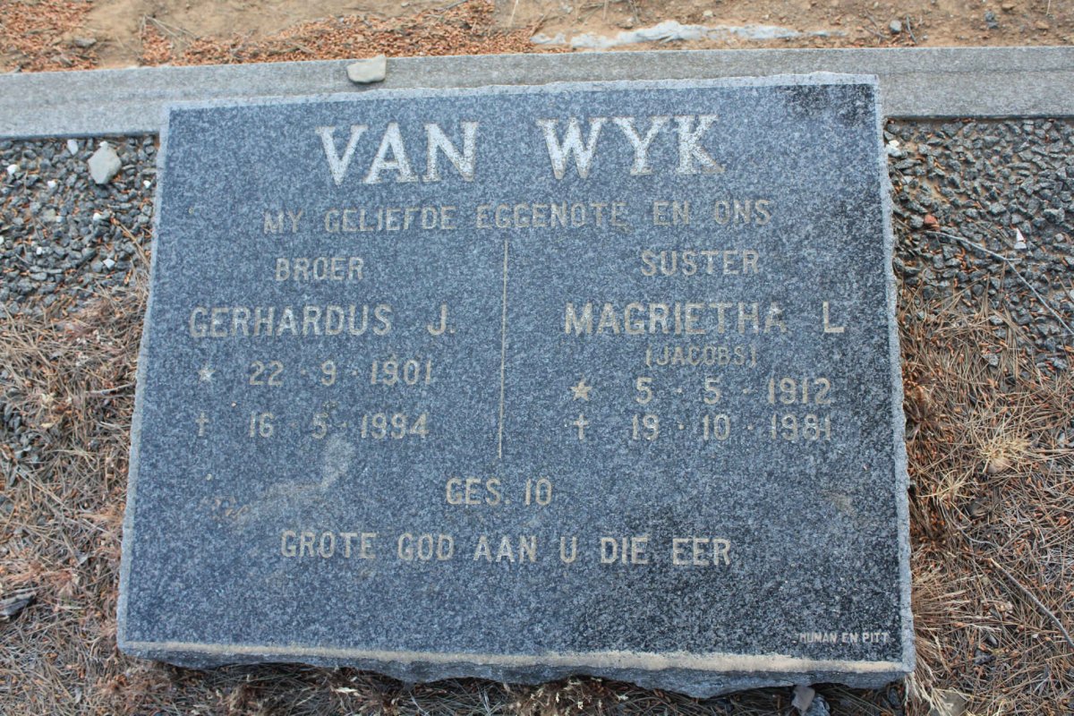 WYK Gerhardus J., van 1901-1994 &amp; Magrietha L. JACOBS 1912-1981