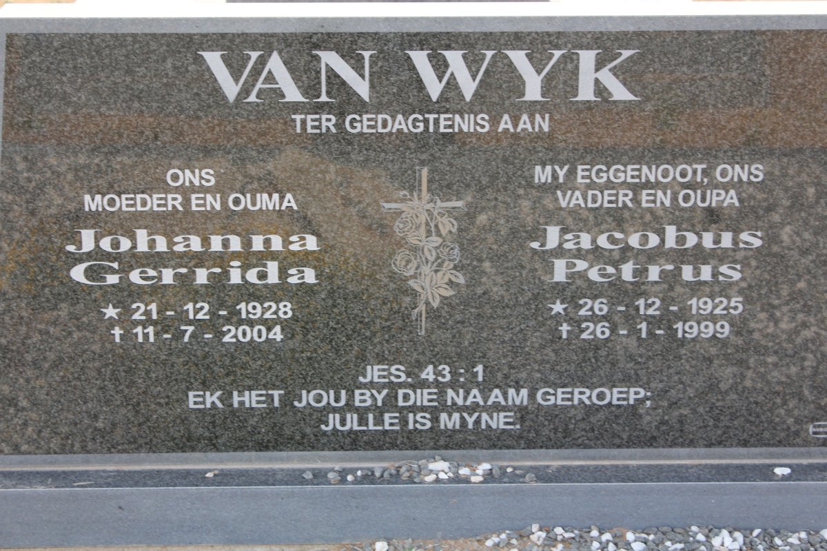 WYK Jacobus Petrus, van 1925-1999 &amp; Johanna Gerrida 1928-2004