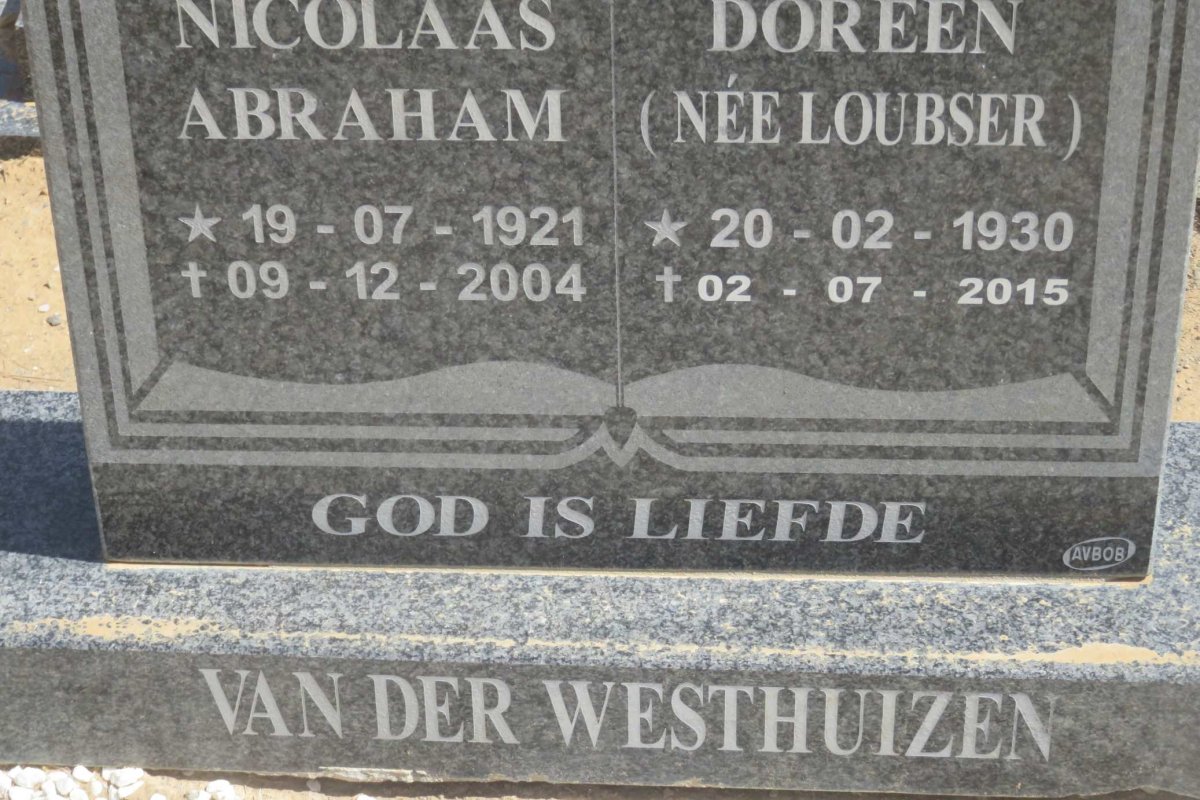 WESTHUIZEN Nicolaas Abraham, van der 1921-2004 &amp; Doreen LOUBSER 1930-2015