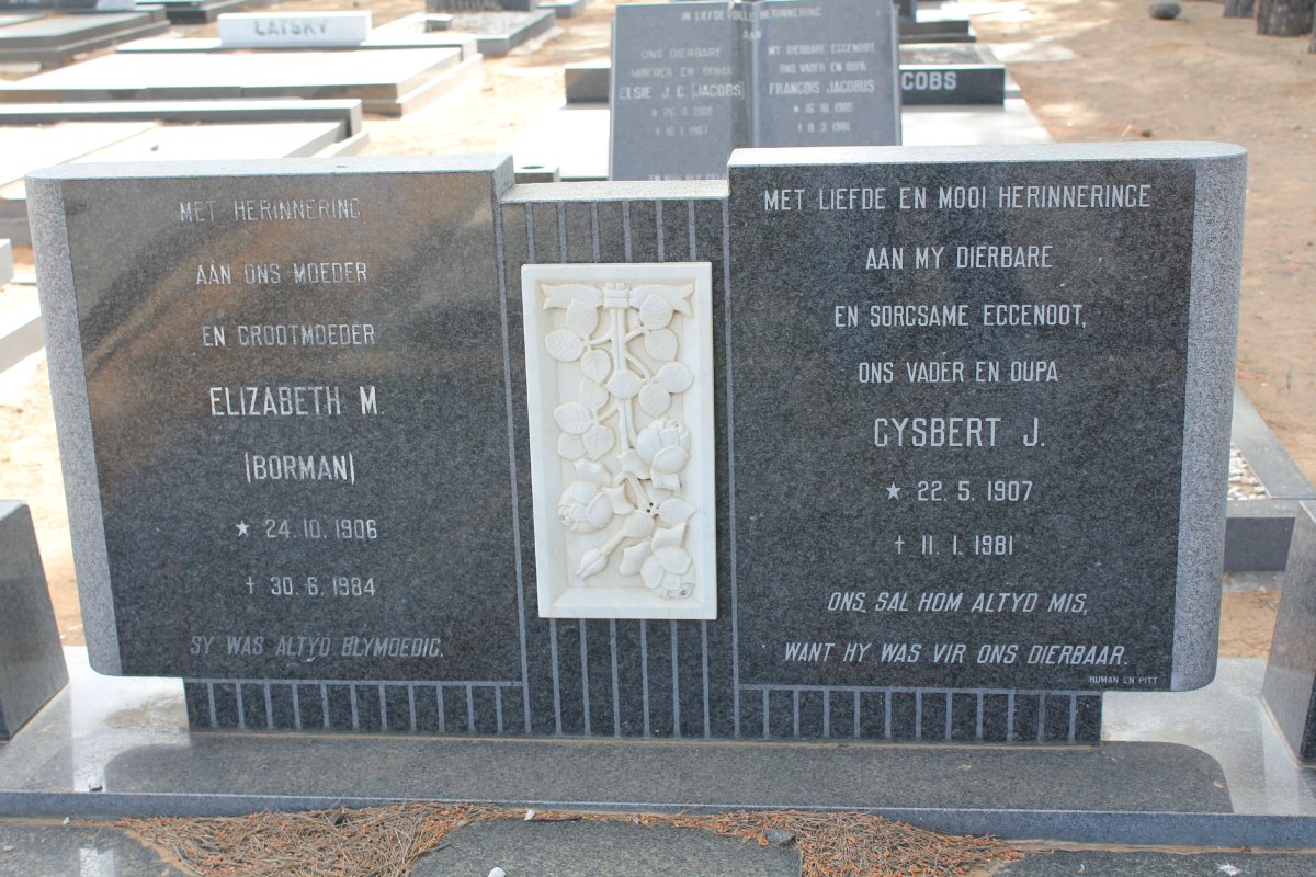 WESTHUIZEN Gysbert J., v.d. 1907-1981 &amp; Elizabeth M. BORMAN 1906-1984