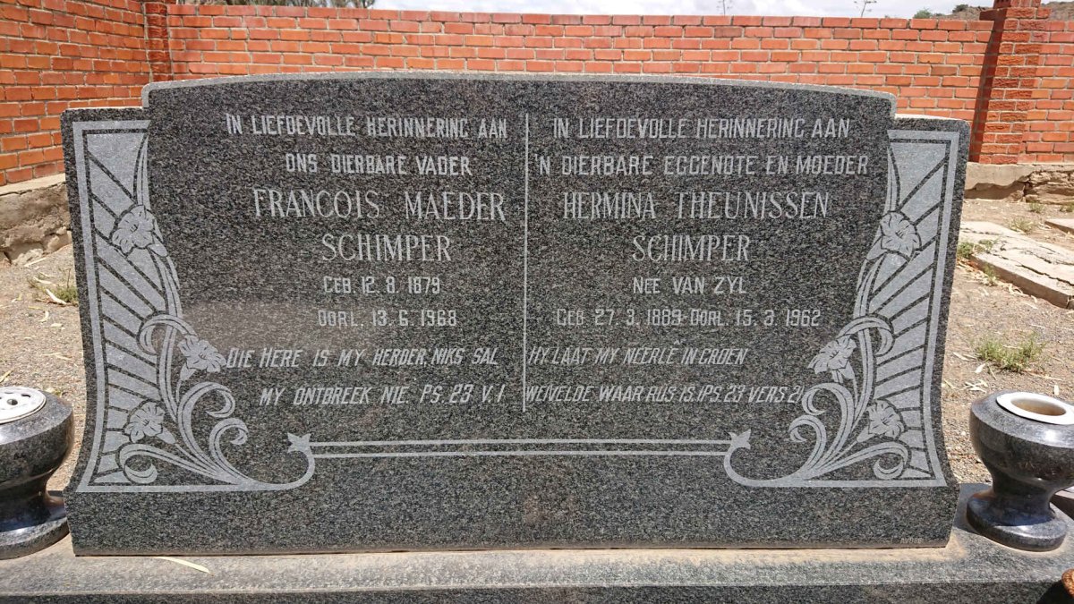 SCHIMPER Francois Maeder 1879-1968 &amp; Hermina Theunissen VAN ZYL 1889-1962