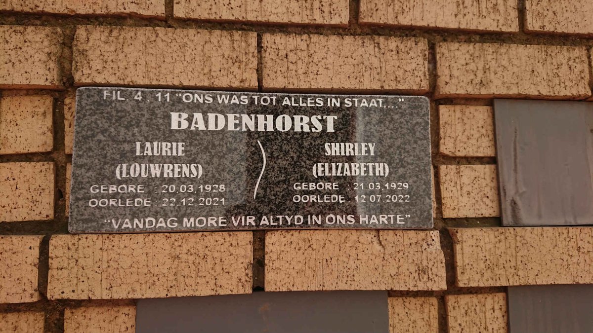 BADENHORST Louwrens 1928-2021 &amp; Elizabeth 1929-2022