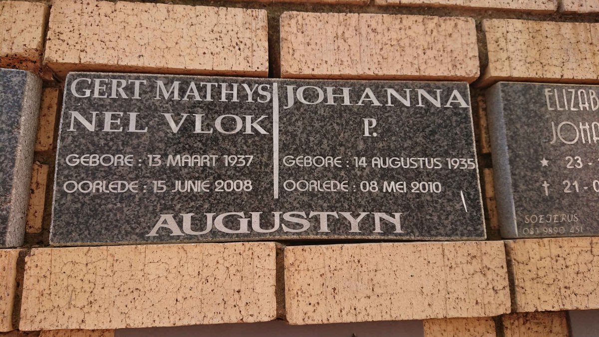 AUGUSTYN Gert Mathys Nel Vlok 1937-2008 &amp; Johanna P. 1935-2010
