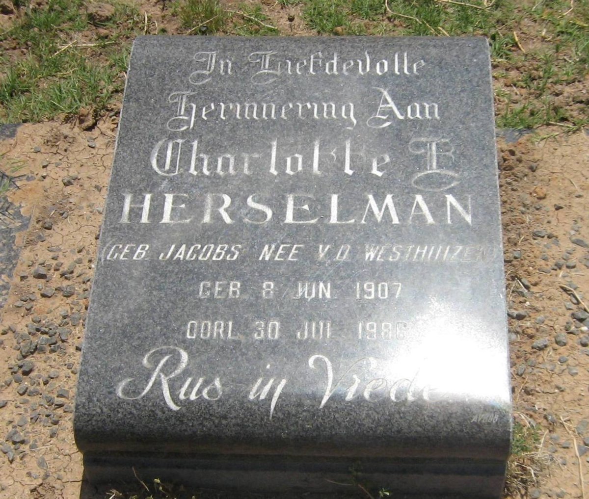 HERSELMAN Charlotte I. voorheen VAN DER WESTHUIZEN nee JACOBS 1907-1986
