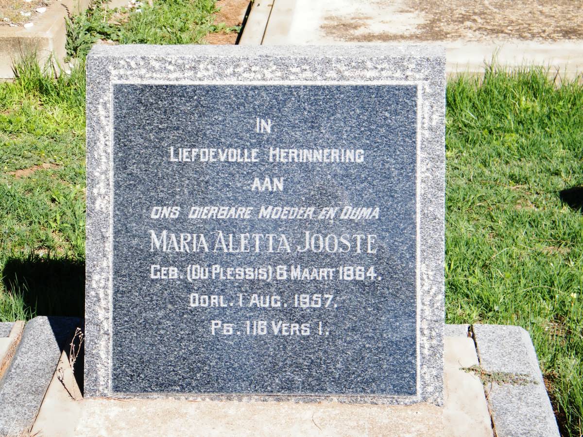 JOOSTE Maria Aletta nee DU PLESSIS 1864-1957