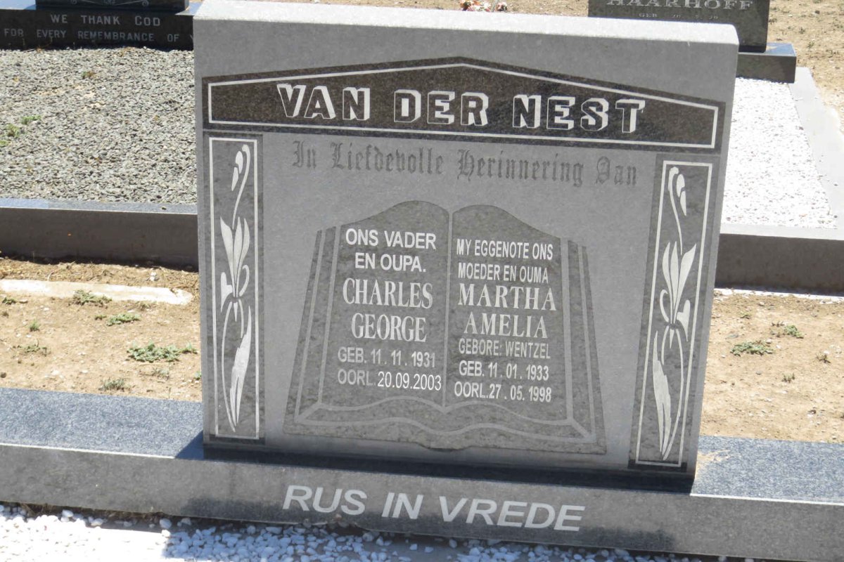 NEST Charles George, van der 1931-2003 &amp; Martha Amelia WENTZEL 1933-1998