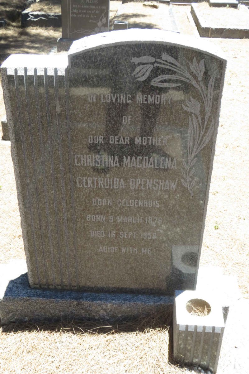 OPENSHAW Christina Magdalena Gertruida nee GELDENHUIS 1876-195?