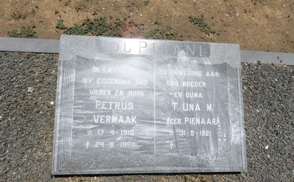 PISANI Petrus Vermaak, du 1910-1998 &amp; T. Una M. PIENAAR 1921-